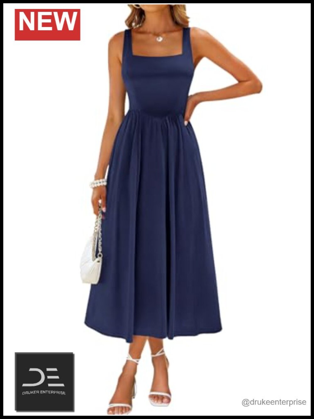 Women's Square Neck Sleeveless A-Line Midi Sundress with Pockets